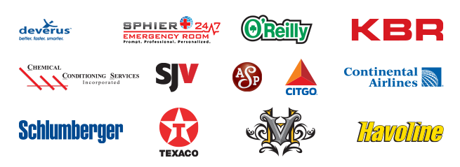 Brand logos including Deverus, Sphier 24/7 Emergency Room, O'Reilly, KBR, Chemical Conditioning Services, SJV, ASP, Citgo, Continental Airlines, Schlumberger, Texaco, and Havoline